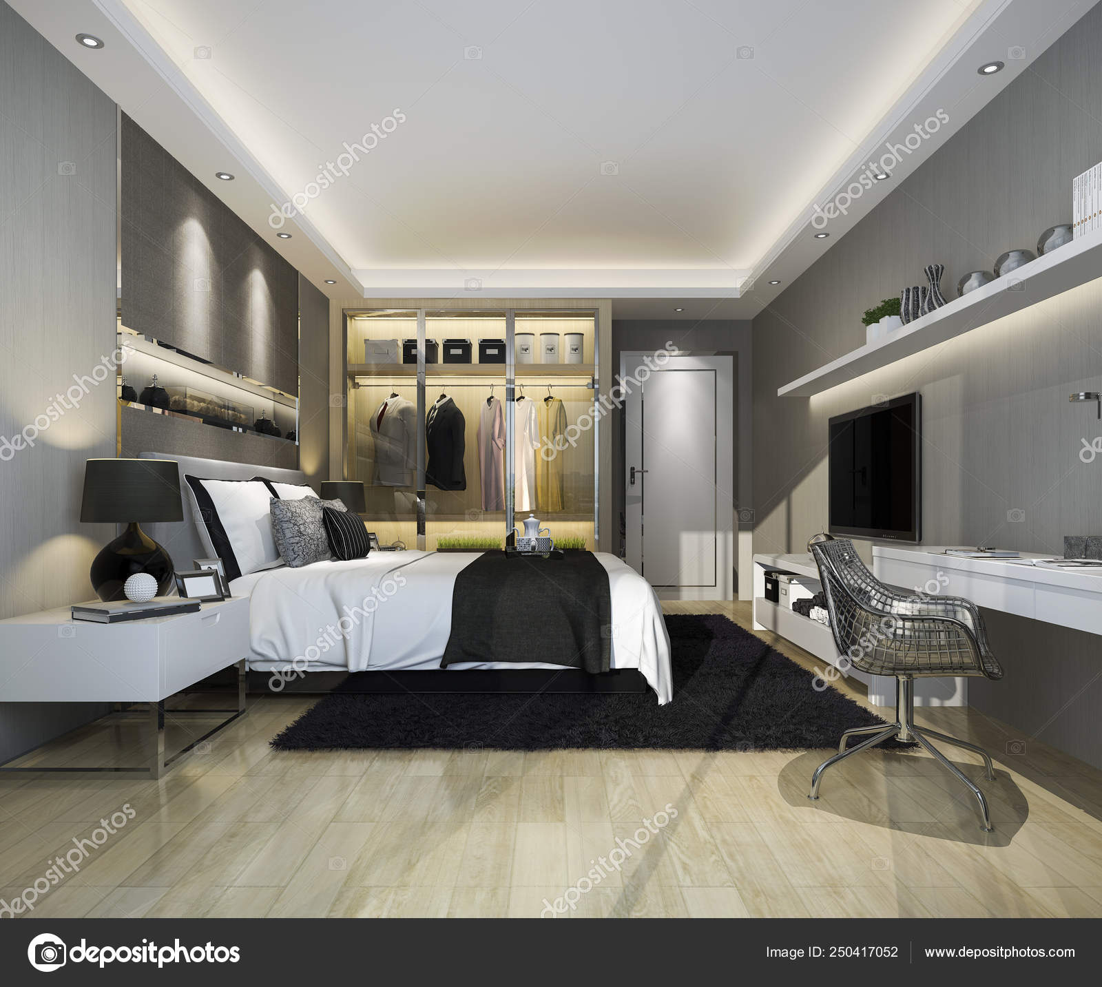 Rendering Luxury Modern Bedroom Suite Wardrobe Walk Closet