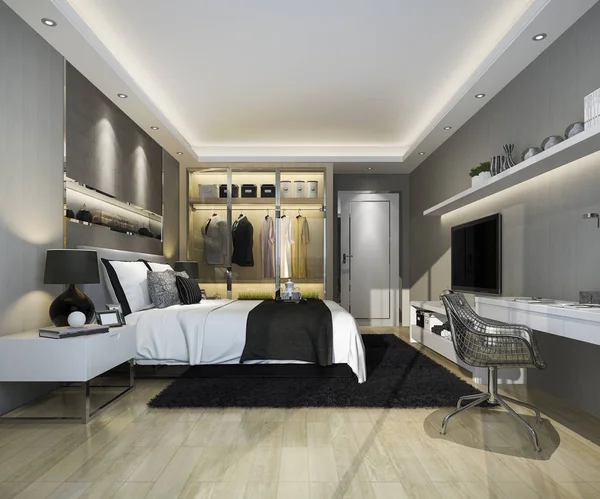 Renderização Luxo Moderno Quarto Suite Com Guarda Roupa Andar Armário — Fotografia de Stock