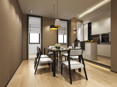 3D render İskandinav vintage mutfak yemek masası ile