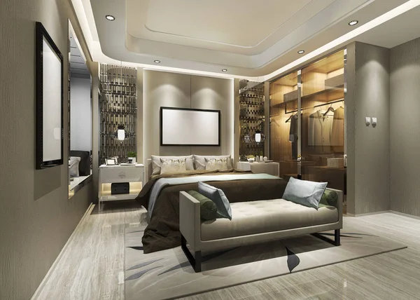 Rendering Luxus Moderne Schlafzimmer Suite Mit Kleiderschrank Und Begehbarem Kleiderschrank — Stockfoto