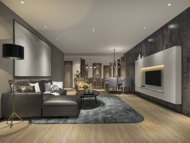 3 boyutlu modern yemek odası ve oturma odasını lüks dekorlarla donatmak.