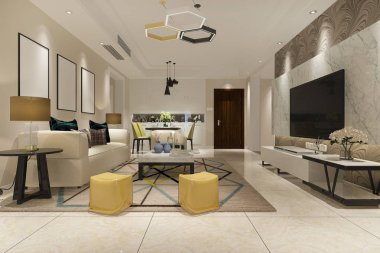 3D render Vintage oturma odası ile mutfak