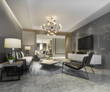 3 boyutlu modern yemek odası ve oturma odasını lüks dekorlarla donatmak.