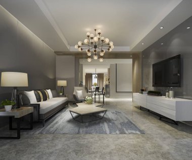 3 boyutlu modern yemek odası ve oturma odasını lüks dekorlarla donatmak.