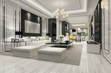 3 boyutlu modern yemek odası ve oturma odasını lüks dekorlarla donatmak.