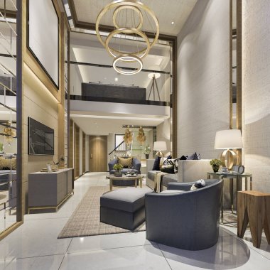 3 boyutlu modern yemek odası ve oturma odasını lüks dekorlarla donatmak.