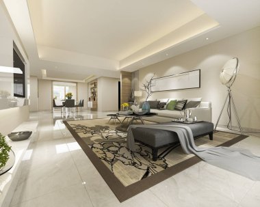 3 boyutlu modern yemek odası ve oturma odasını lüks dekorlarla donatmak.