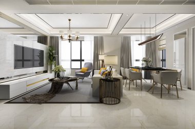 3 boyutlu modern yemek odası ve oturma odasını lüks dekorlarla donatmak.