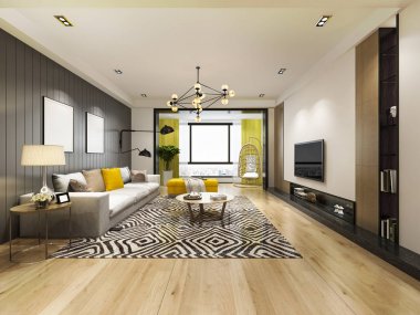 3 boyutlu modern yemek odası ve oturma odasını lüks dekorlarla donatmak.