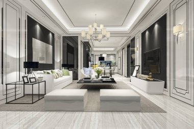 3 boyutlu modern yemek odası ve oturma odasını lüks dekorlarla donatmak.