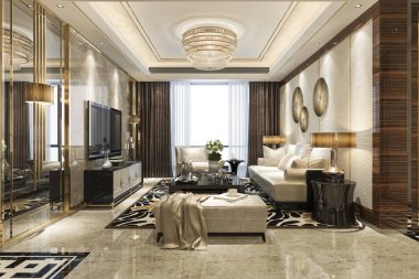 3D rendering ahşap klasik oturma odası ve yemek odası raf ile