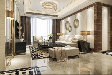 3D rendering ahşap klasik oturma odası ve yemek odası raf ile