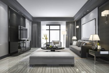 3d render modern oturma odası ve raf ile