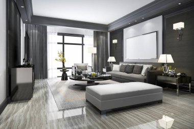 3d render modern oturma odası ve raf ile