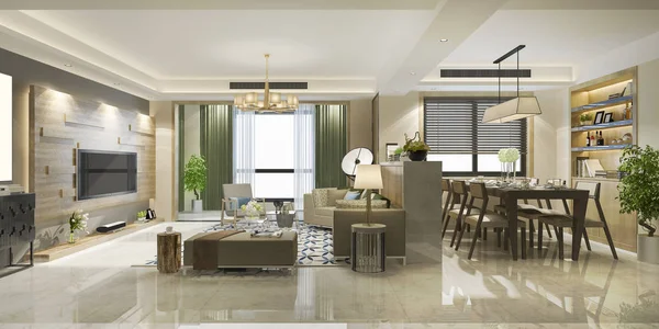 3 boyutlu modern yemek odası ve oturma odasını lüks dekorlarla donatmak.