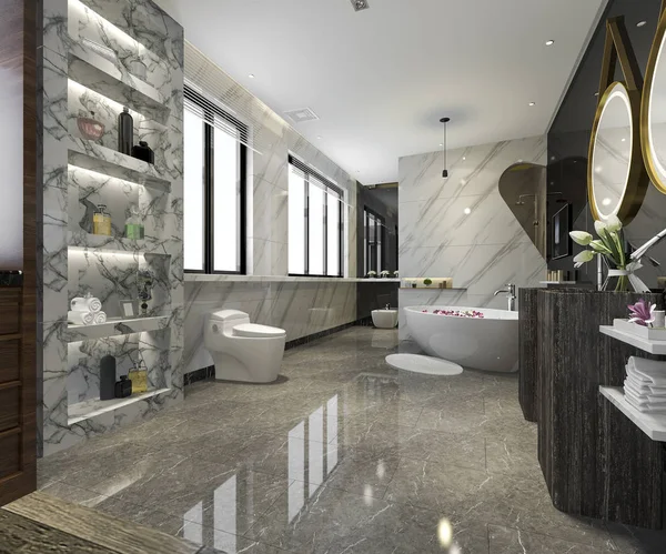 Rendering Modernes Badezimmer Mit Luxus Fliesen Dekor — Stockfoto