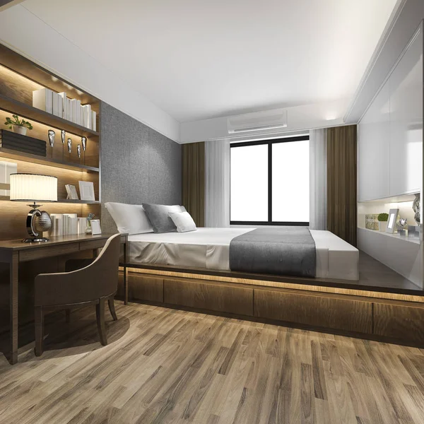 Renderizado Hermoso Dormitorio Lujo Suite Hotel Con Mesa Trabajo — Foto de Stock