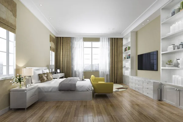 3d rendering contemporary wood bedroom with built in bookshelf