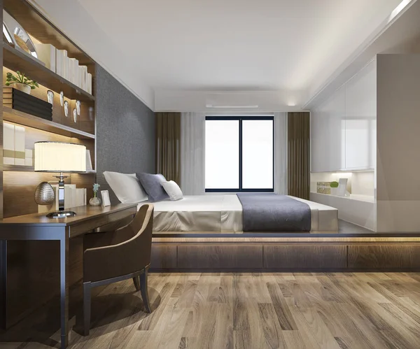 Rendering Schöne Luxus Schlafzimmer Suite Hotel Mit Fernseher Und Arbeitstisch — Stockfoto