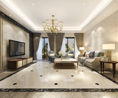 3D rendering ahşap lüks ve modern oturma odası ve yemek odası