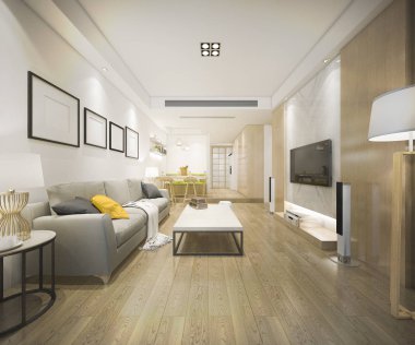 3 boyutlu modern yemek odası ve oturma odasını lüks dekorlarla donatmak.