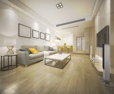 3 boyutlu modern yemek odası ve oturma odasını lüks dekorlarla donatmak.