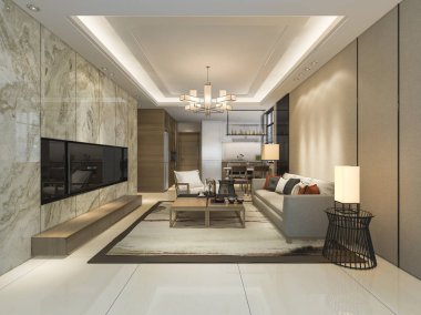 3 boyutlu modern yemek odası ve oturma odasını lüks dekorlarla donatmak.
