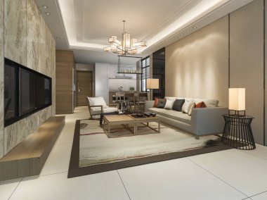 3 boyutlu modern yemek odası ve oturma odasını lüks dekorlarla donatmak.