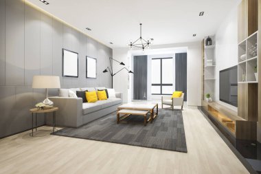 3D loft lüks oturma odası render ve Oda bookshelf ile çalışma