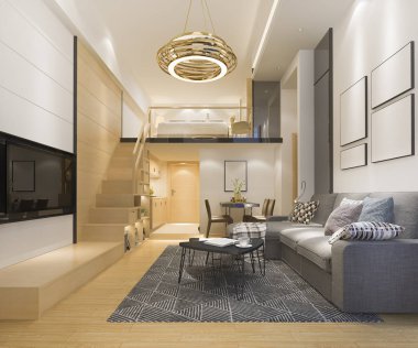 3D render Beyaz ahşap oturma odası yatak odası yukarda yakınındaki