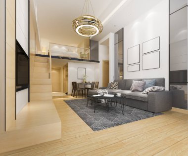 3D render Beyaz ahşap oturma odası yatak odası yukarda yakınındaki