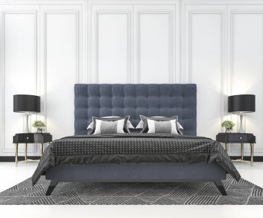 Bitki ile klasik yatak odasında 3d render mavi klasik yatak