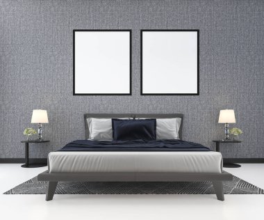 Bitki ile klasik yatak odasında 3d render mavi klasik yatak