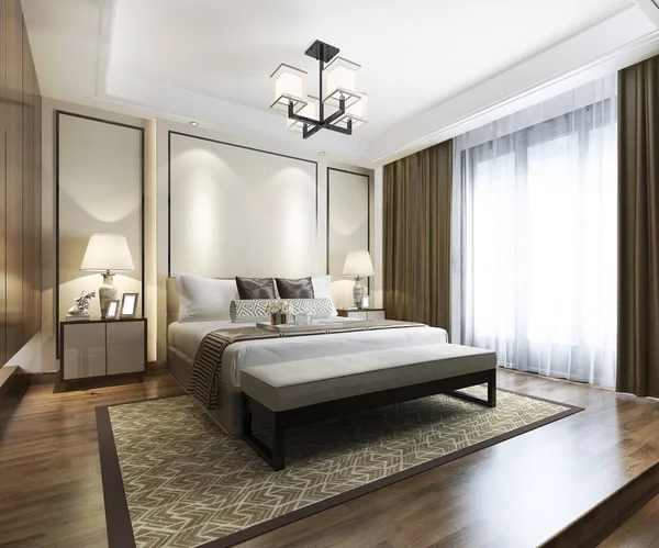 Renderização Luxo Chinês Moderno Quarto Suite Hotel Com Guarda Roupa — Fotografia de Stock