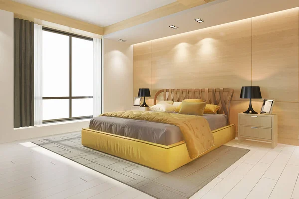 Rendering Beautiful Luxury Yellow Bedroom Suite Minimal Hotel — Stock Photo, Image