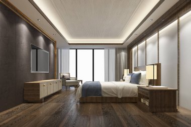 3D render lüks Çin Yatak Odalı Süit resort otel