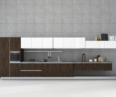 Ahşap dekorasyon ile loft mutfak kadar 3d render beyaz minimal mock