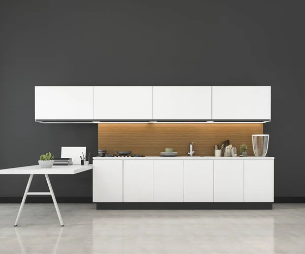 Rendering Weiß Minimal Mock Loft Küche Mit Holzdekoration — Stockfoto