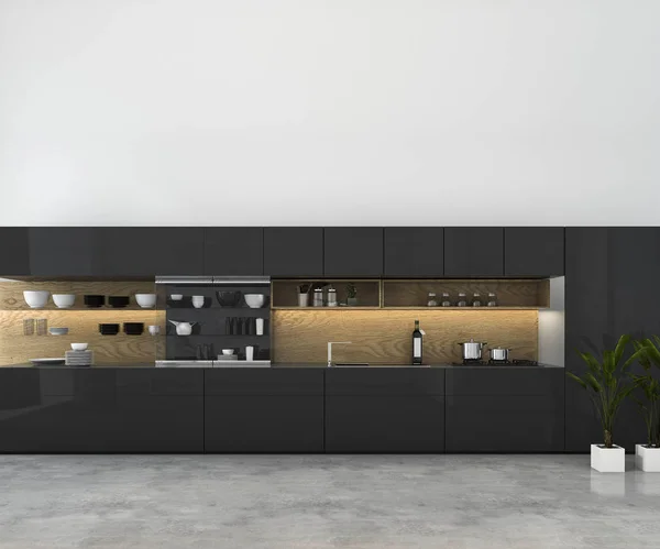 渲染白色最小模拟阁楼厨房与木材装饰 — 图库照片