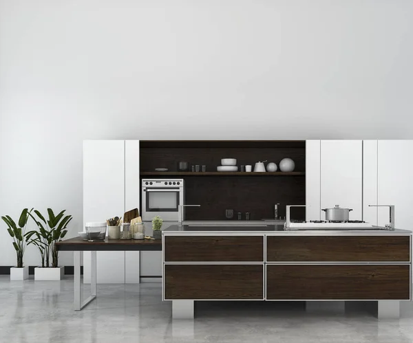 渲染白色最小模拟阁楼厨房与木材装饰 — 图库照片