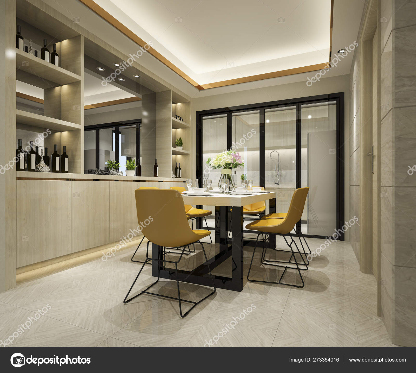 Rendering Yellow Chair Luxury Kitchen Dining Table Stock Photo by