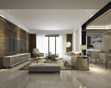 3 boyutlu modern yemek odası ve oturma odasını lüks dekorlarla donatmak.