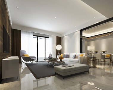 3 boyutlu modern yemek odası ve oturma odasını lüks dekorlarla donatmak.