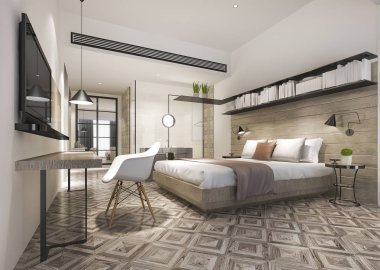 3D, oteldeki, üzerinde televizyon ve çalışma masası olan lüks yatak odası süiti.