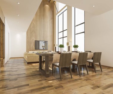 3 boyutlu modern yemek odası ve oturma odasını lüks dekorlarla donatmak.