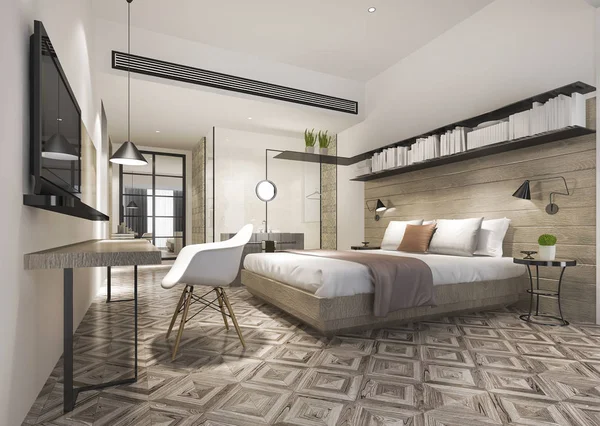 3D, oteldeki, üzerinde televizyon ve çalışma masası olan lüks yatak odası süiti.