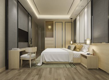 3D, oteldeki, üzerinde televizyon ve çalışma masası olan lüks yatak odası süiti.