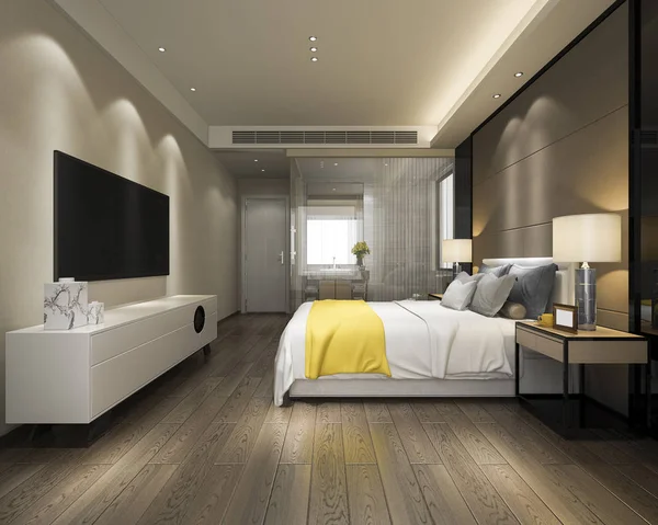 Rendering Moderner Luxus Gelb Schlafzimmer Suite Und Badezimmer — Stockfoto