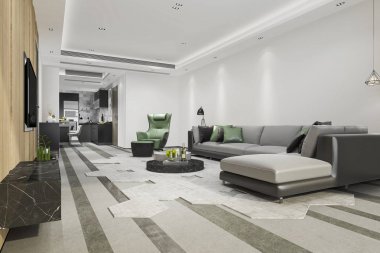 3 boyutlu modern yemek odası ve oturma odasını lüks dekorlarla donatmak.