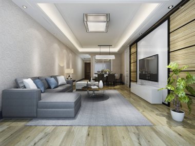 3 boyutlu modern yemek odası ve oturma odasını lüks dekorlarla donatmak.